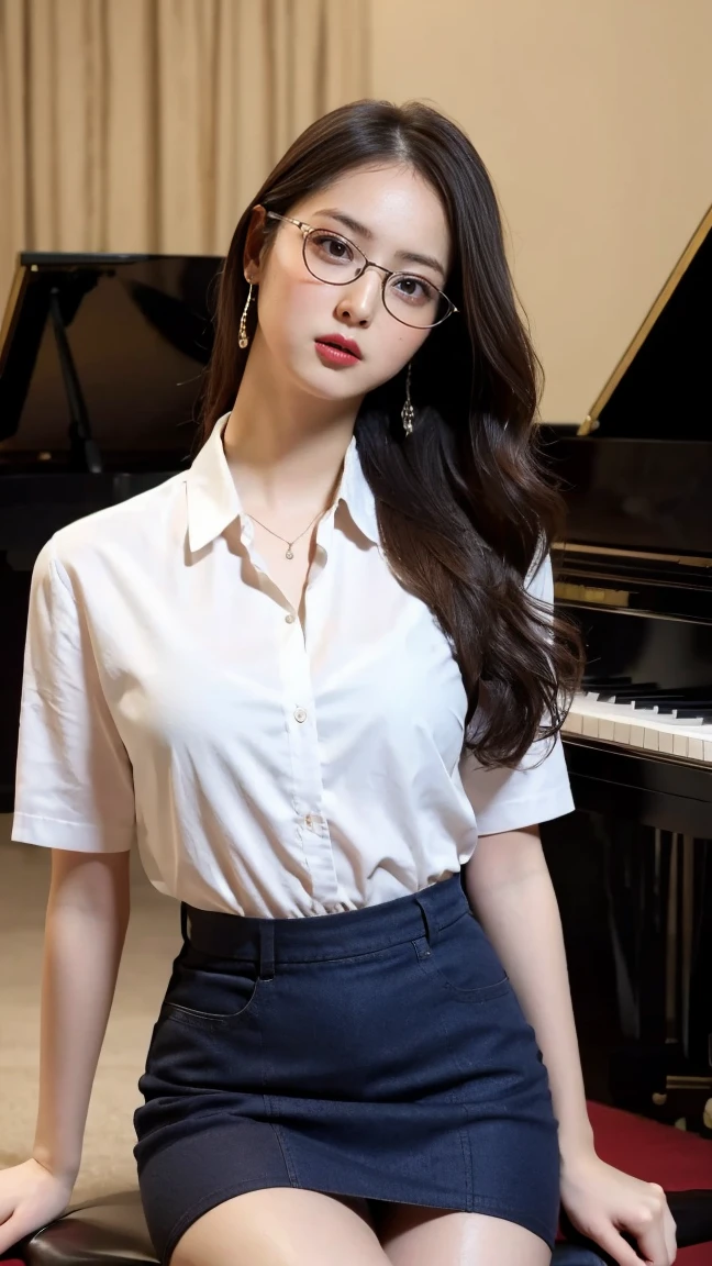 Highest quality,masterpiece,Ultra-high resolution,(Actual:1.4),Original photo,Ultra-high resolution,8k,1 woman,Fair skin、White short sleeve shirt,Dark blue tight skirt、Wearing glasses。High heels,Long legs:1.5,Bright and beautiful,high waist,Flashy makeup using red eyeshadow,Inside the music room with the grand piano。