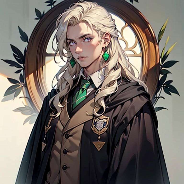 ((masterpiece)), (((best quality))), solo, 1 male, wizard, pale white skin, white-blonde hair, long hair, curly hair, handsome man, bright purple eyes, tall, Slytherin uniform with black robes, simple earrings, highest quality, highly detailed, original, high resolution CG Unit 8k wallpaper, (best quality, artwork, masterpiece, 4k)