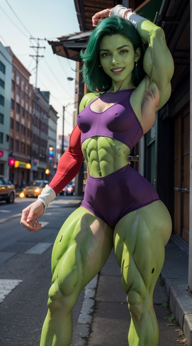 (Muscular:2.2), (thick thighs:2.2),
(CARTOON_shehulks_bodysuit_ownwaifu:1.5), (green skin:1.8), (green hair), (big smile:1.5),
stud earrings, lipstick, eyeshadow,
hard nipples, (small breasts:2),
(purple crop top, shorts, white gloves, midriff),
looking at viewer, (three quarter view), (upper body view),
rim lighting, two tone lighting, dim lighting, soft lighting, bokeh, detailed skin, detailed eyes