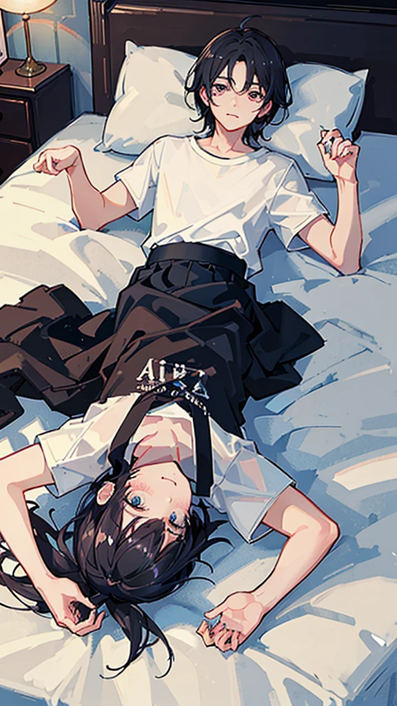 (Highest quality)), ((masterpiece)), (detailed),The background is the bedroom、Lying in bed、boyfriend、A man around 35 years old、A man with waist-length black hair tied back、Wearing a white T-shirt,Eye color is a calm blue、Location: Bedroom。Lying together