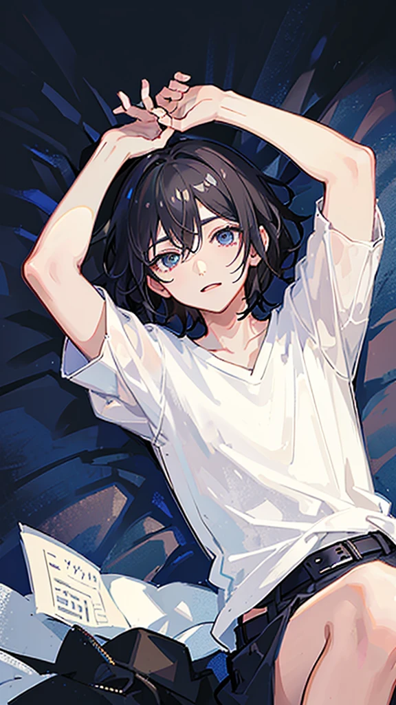 (Highest quality)), ((masterpiece)), (detailed),The background is the bedroom、Lying in bed、boyfriend、A man around 35 years old、A man with waist-length black hair tied back、Wearing a white T-shirt,Eye color is a calm blue、Location: Bedroom。Lying together