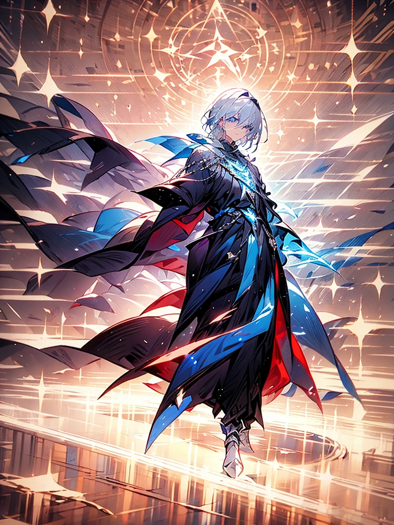 Wizard a young man, he has a silver hair and blue eyes, he wear a hood and wear gloves ,rapier.