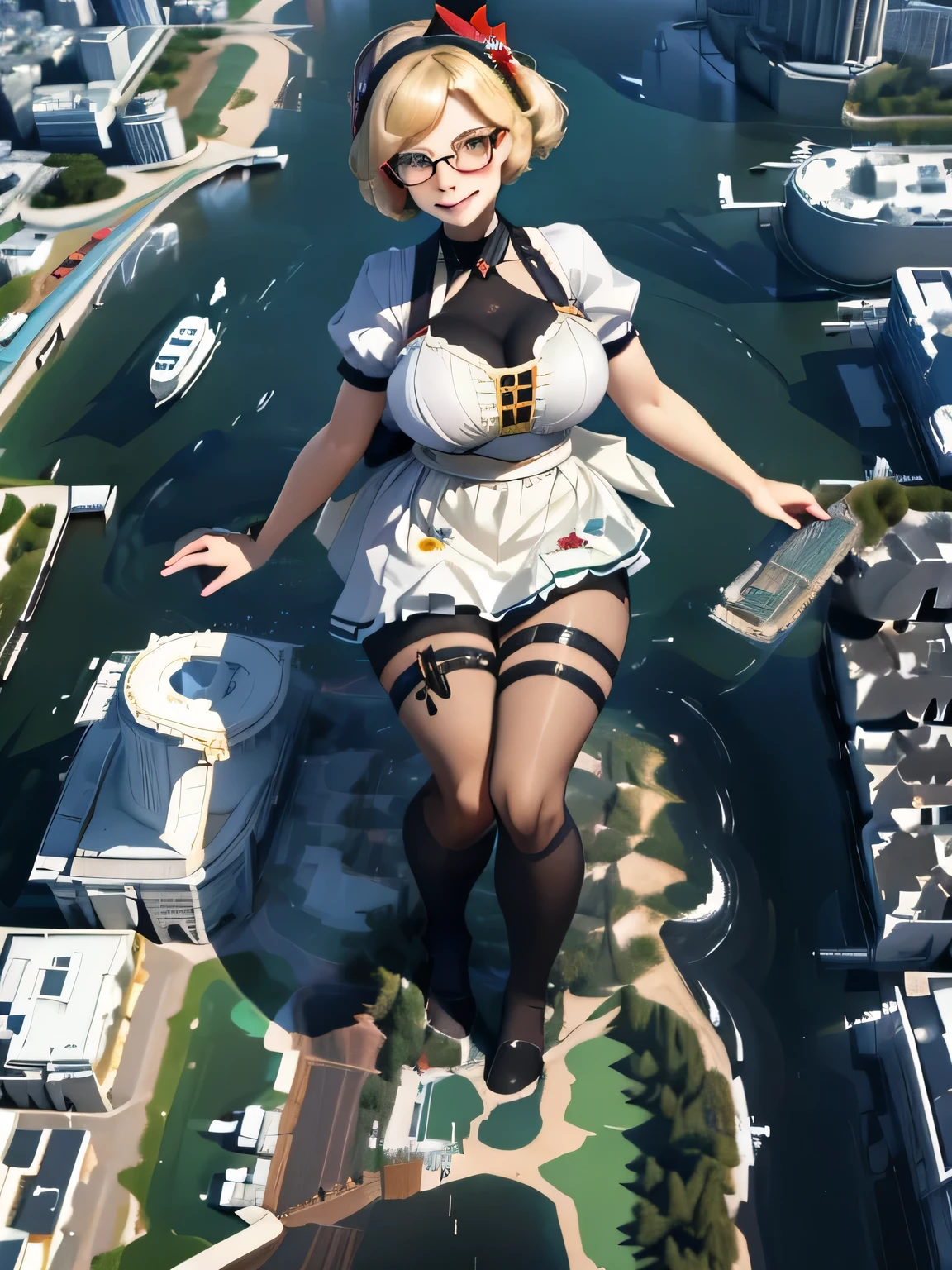 Multiple girls, giantess art, highly detailed giantess shot, giantess, most detailed, perfect face, two legs, five fingers, short hair, beautiful girl bigger than a skyscraper, wearing rimless glasses, smiling, huge , maid outfit, black pantyhoo shoes, toes visible through pantyhose, scoming out of soles of feet, seaside metropolis, numerous miniature warships on the sea, destroying city, under heavy attack, very small metropolis, miniature metropolis, full body depiction, GTS, giga giant, trampling city, crashed city, small city, micro city, pantyhose feet, hesolution, best quality, masterpiece,