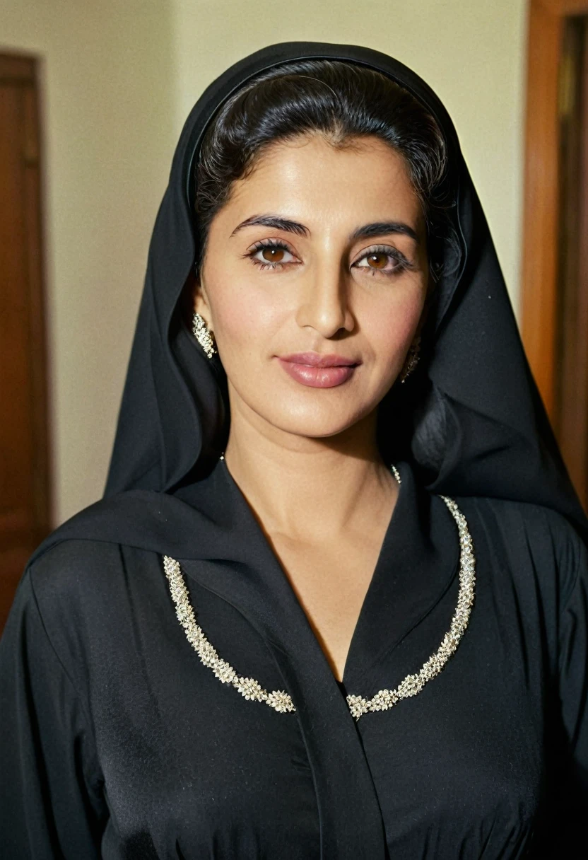 1950s old grainy picture Fair 55 year old Arab Muslim woman wearing a black abaya frock showing cleavage low neckline in depth of field apartment interior background 