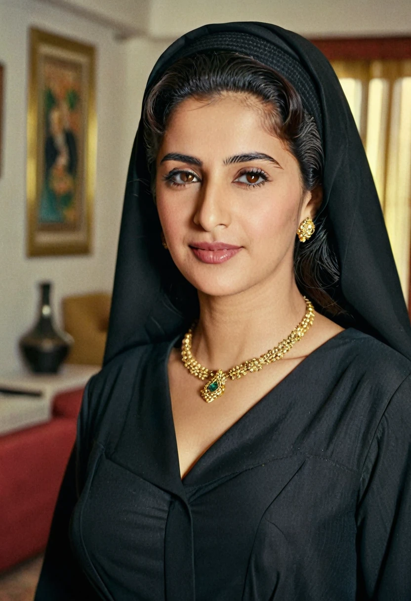 1950s old grainy picture Fair 55 year old Arab Muslim woman wearing a black abaya frock showing cleavage low neckline in depth of field apartment interior background 