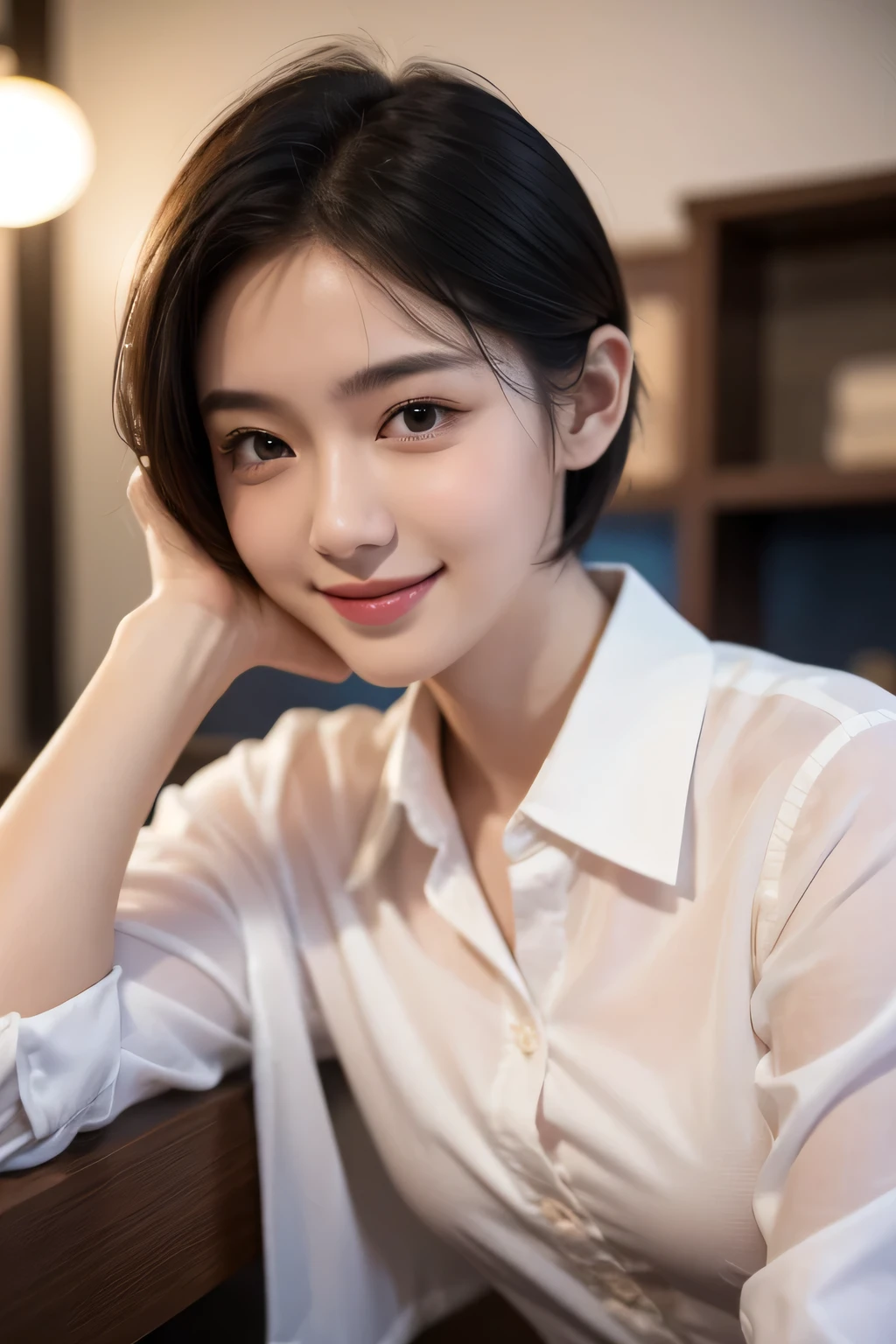 (8K, Top quality, masterpiece: 1.2), (Practical, photoPractical: 1.37), Very detailed, 1 girl, 17 years old, Solitary, small breasts, Beautiful and detailed sky, Detailed café, night, (blush), (Smile: 1.15), (Shut up), small, (Collared shirt: 1.1), night, wet, Office Clothing, rain, White lace, (short hair: 1.2), NovaFrogStyle, Casual sexy poses,masterpiece,best quality,Super beautiful face,Side Breast,Charming eyes