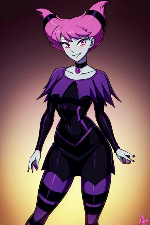 ((masterpiece,best quality)), absurdres, Jinx_TeenTitans,   1girl, solo, pink eyes, pink hair, grey skin, hair up, pale skin, medium hair, hair horns, choker, striped pantyhose, cloak, black dress, jewelry,  solo, smiling, looking at viewer, cowboy shot,