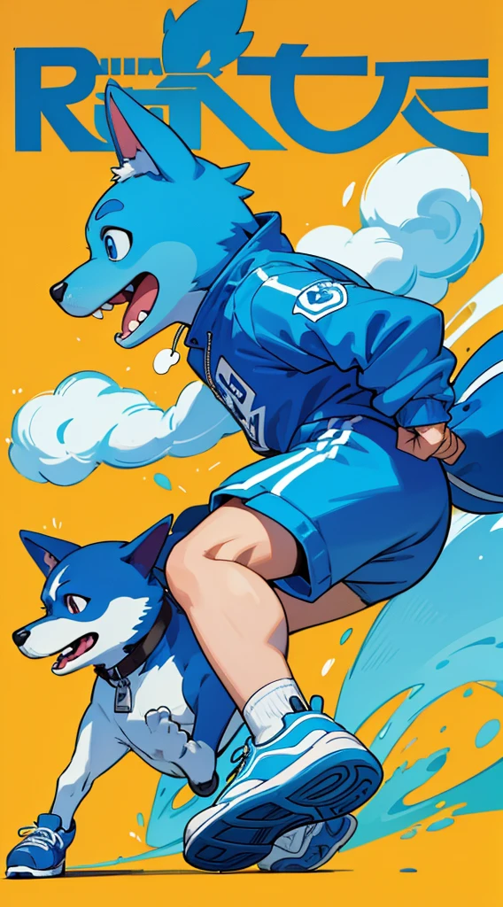 A bright blue dog-themed character, Wearing big sneakers, サイバーパンク, Magazine Cover, Simple Background, Running around, raised fist, projected inset, UHD, best quality, highres, 8k