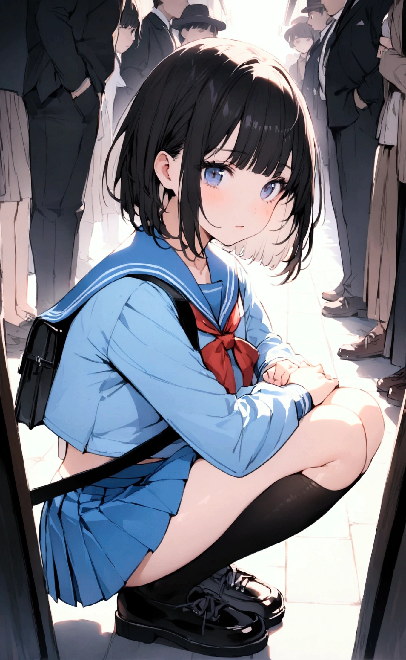 One Woman、crowd、Station platform、beautiful girl、Sailor suit、Pleated skirt、Hold a school bag with both hands、Age: 18、Bob Cut Hair, Highest quality, body type、Small 、Small ass、Black Hair,The train is coming、Black knee-high socks、Cowboy Shot、Ultra-fine images、Squatting down to fix shoelaces