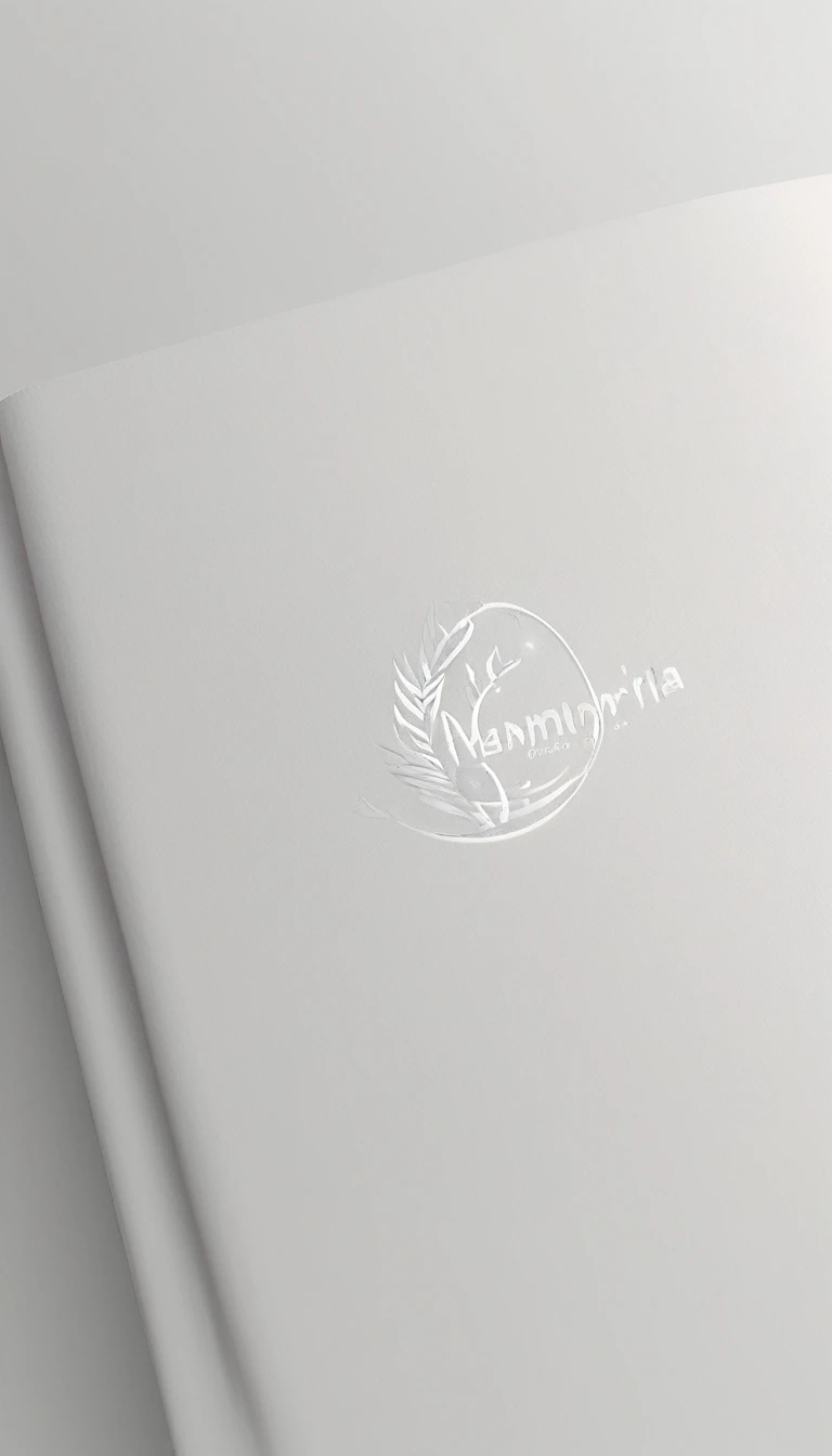 A minimal, modern, simple, cinematic logotype for the brand “Penamemoria". The logotype must be a simple, magical feather. The logo must convey a sense of music, stories and dreams. Logo design impressed on a book cover. Minimalistic logo