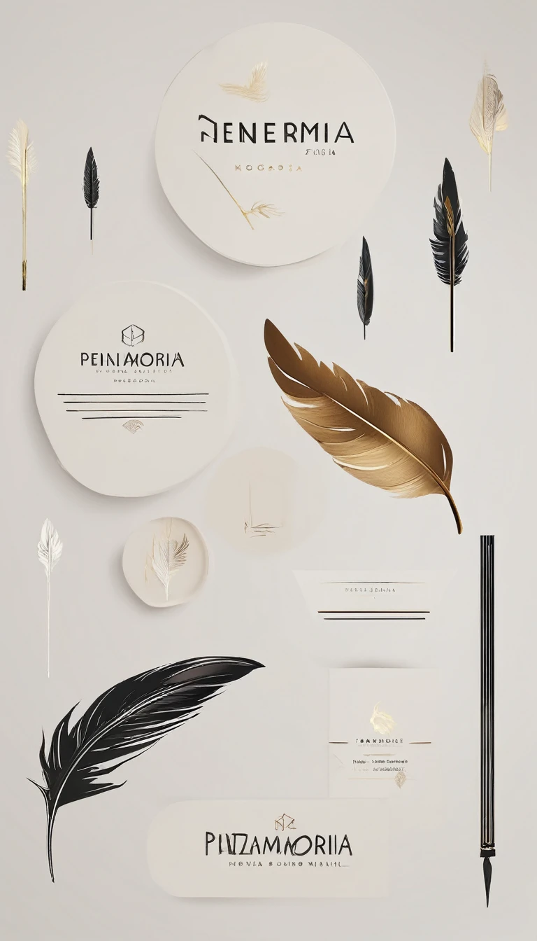 A minimal, modern, simple, cinematic logotype for the brand “Penamemoria". The logotype must be a simple, magical feather. The logo must convey a sense of music, stories and dreams. Logo design impressed on a book cover. Minimalistic logo