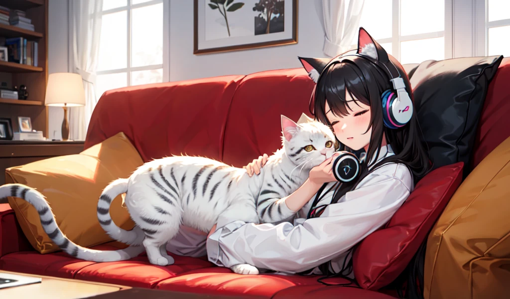 ((Highest quality)), ((masterpiece)), (detailed), A cute cat-eared girl, listen to music, close your eyes, indoor, sofa, Headphones