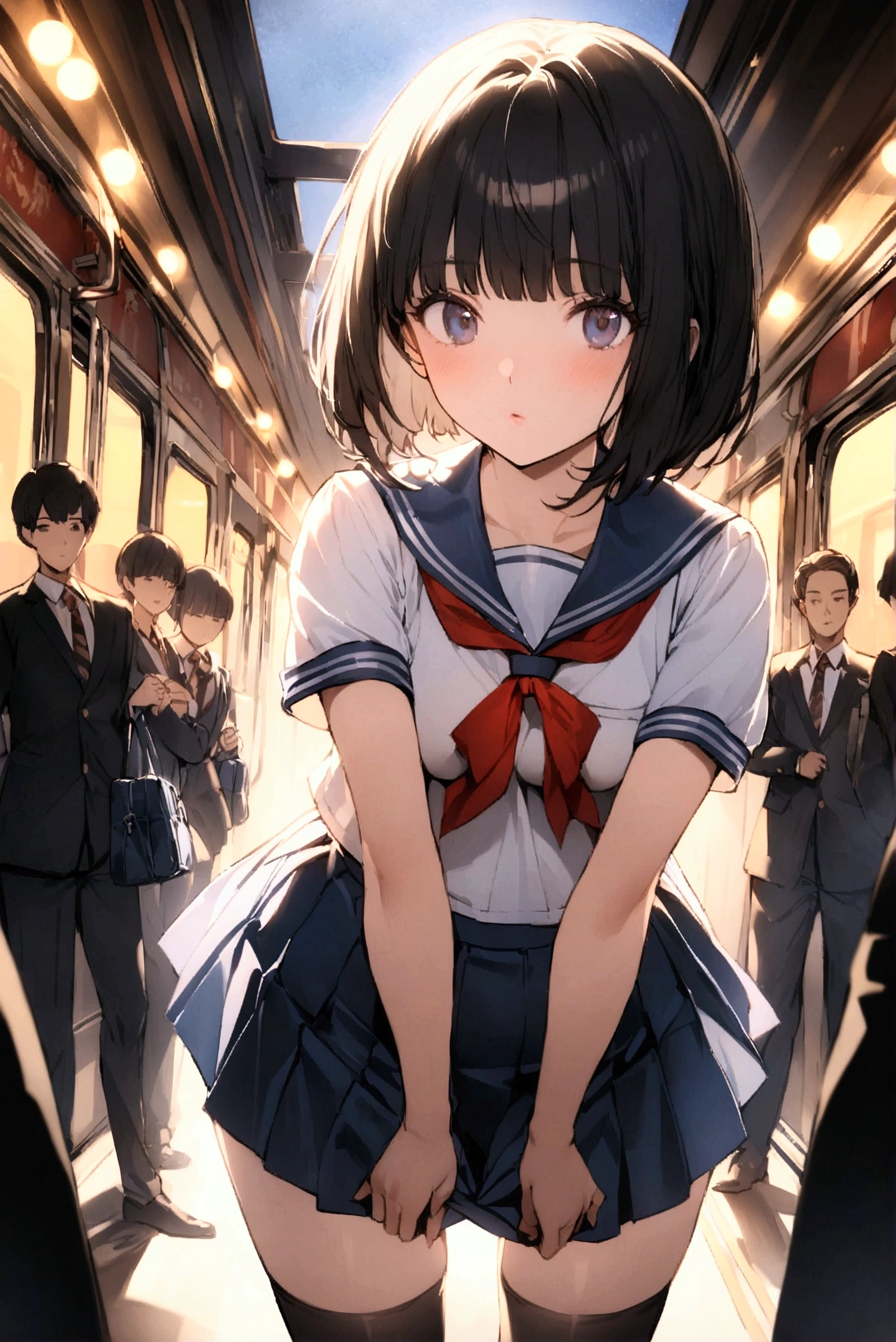 One Woman、crowd、Station platform、beautiful girl、Sailor suit、Pleated skirt、Hold a school bag with both hands、Age: 18、Bob Cut Hair, Highest quality, body type、Small 、Small ass、Black Hair,The train is coming、Black knee-high socks、Cowboy Shot、Ultra-fine images、Skirt flips、panties、Bend forward