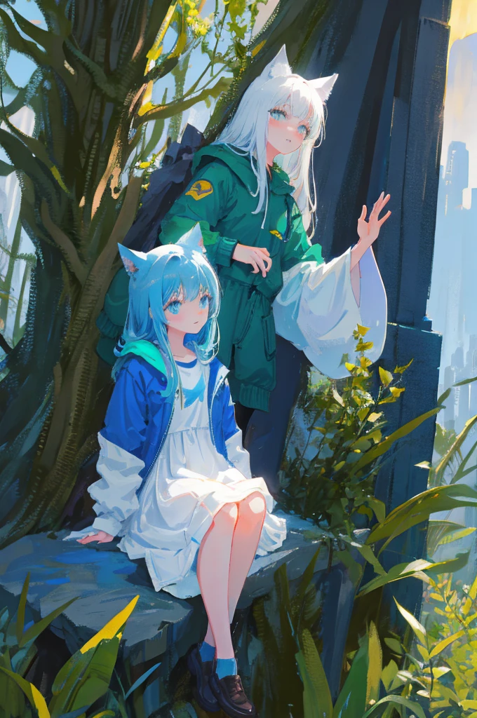 In a mystical forest, a young girl with cat ears and a tail sits on a mossy log. She's wearing a blue jacket and holds a small blue bird in her hands. A white wolf stands guard behind her, its gaze fixed on the camera. The background is filled with lush greenery and towering trees that reach up into the misty sky.