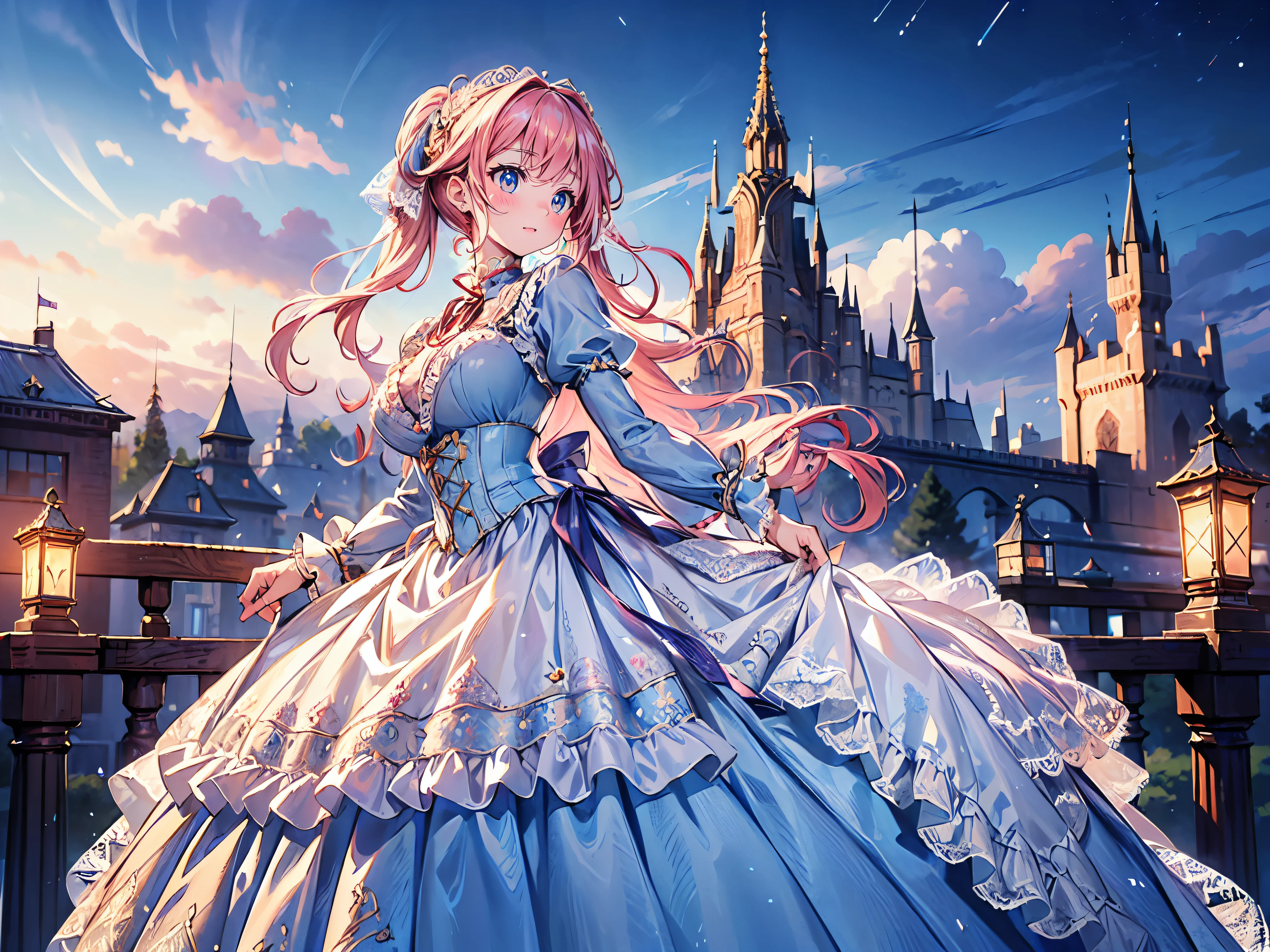 ((Superbly detailed drawing, ultra detailed, exquisite quality, absolutely resolution)), (((young face solo princess))), (((Unsurpassed gorgeous rococo victorian gown with voluminous huge hoopskirt and long hems, princess style skirt:1.5))), ((transparency gown, fluffy and full of pleats skirt:1.3)), (Super detailed and intricate exquisite design gown:1.5), ((overwhelming amount many ruffles with ribbons with intricate lace with Super detailed and intricate embroidery:2)), ((huge breasts, breasts cleavage)), (ponytail, fluffy long Expressive, hair pink hair), super voluminous long hair, hair ornament tiara, happy smile, ((curtsey), (blurry background, depth of field:1.35), super detailed skin, super delicate and beautiful face, (eyes blue eyes), (backlighting, particle effect, caustics), (((sharp focus))), ((fantasy castle, night sky)), (magnificent panorama view, dynamic angle:1.3),