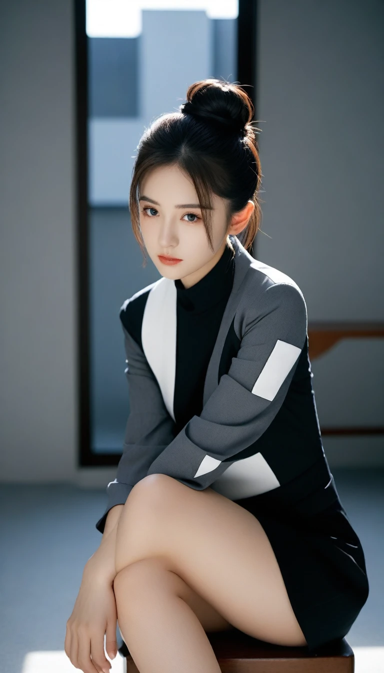 8k, Ultra-high resolution, Highest quality, masterpiece, 三分割法によるphotograph,Surreal, photograph, 1 Girl, (:1.3), pretty girl, Cute Face, Beautiful eyes in every detail, 細かくdetailedに,masterpiece,One Girl:1.2, Japan Female Announcer,full body,sad,streaming tears,Black short hair,Messy bun hair,(black suit:1.3),Nun's clothing,Black Pencil Skirt,(印象派の美しい少女のPortraiture), (Gray background:1.3),(Impressionist light and colour),Dedication to God,Sit in a tall chair,Beautiful leg line beauty,Stiletto pumps,Realistic Skin, Perfect and beautiful face ,完璧でCute Face, Skin with attention to detail, Perfect limbs、Narrow waist,Looking at the audience、beauty,Long neck,clavicle,(((Ideal body type))),A cup small breasts :2,Portraiture:2,Perfect Anatomy,鮮明なdetailed,detailed,Surreal,Light and shadow,spotlight