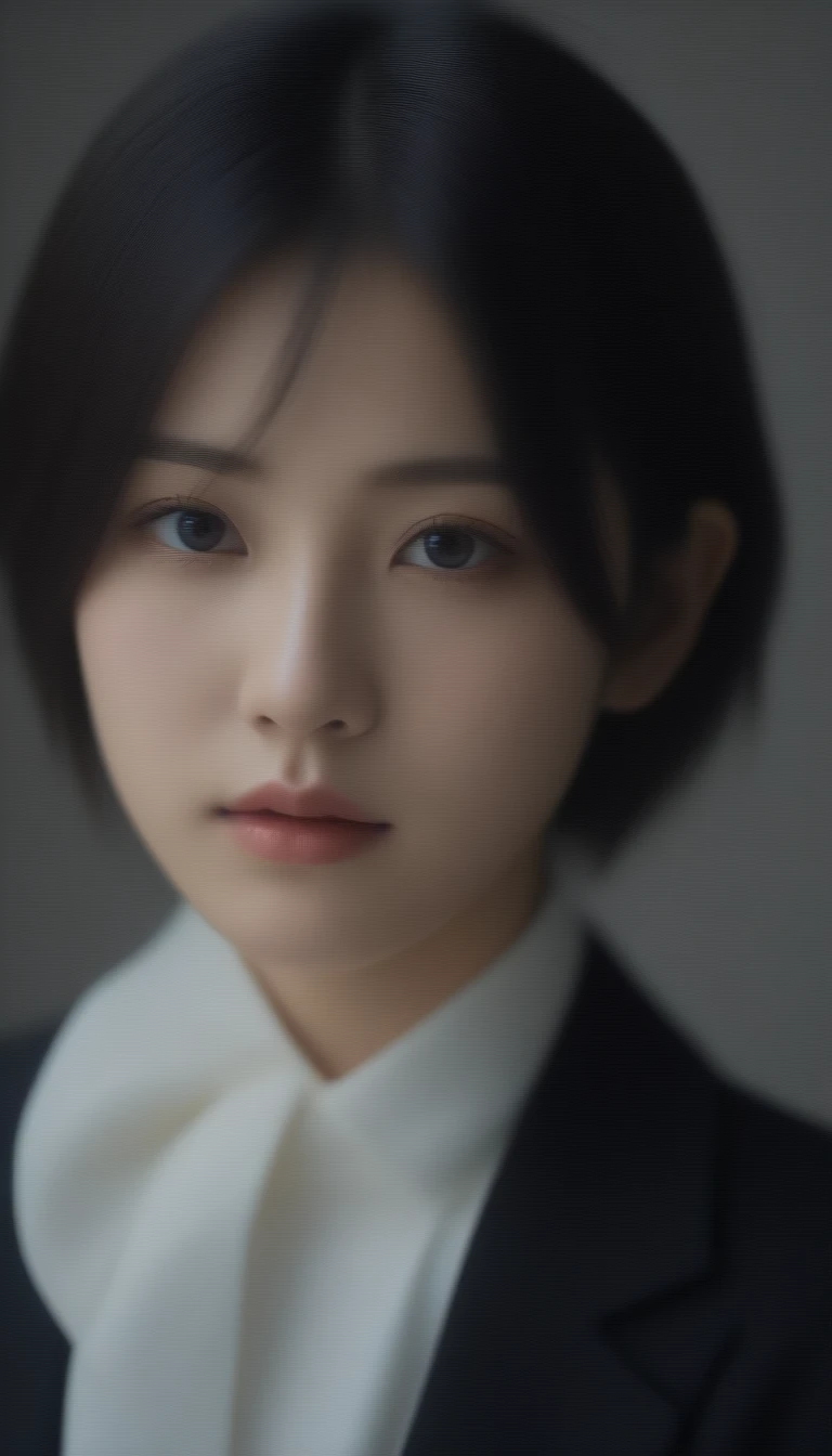 8k, Ultra-high resolution, Highest quality, masterpiece, 三分割法によるphotograph,Surreal, photograph, 1 girl, (:1.3), pretty girl, Cute Face, Beautiful eyes in every detail, 細かくdetailedに,masterpiece,One Girl:1.2, Japan Female Announcer,whole body,sad,Tears flow,Black short hair,Messy Hair,(Black suit:1.3),Nun's clothing,Black pencil skirt,(印象派の美しい少女のPortraiture), (Gray background:1.3),(Impressionist light and colour),whole body,Beautiful leg line beauty,Realistic Skin, Perfect and beautiful face ,完璧でCute Face, Skin with attention to detail, Perfect limbs、Tight waist,Looking at the audience、beauty,Long neck,clavicle,(((Ideal body type))),A-cup small breasts :2,Portraiture:2,Perfect Anatomy,鮮明なdetailed,detailed,Surreal,Light and shadow,Spotlight
