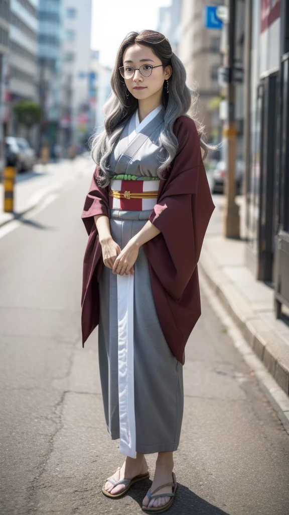 Cute Japanese woman, (16 years old), (very cute face), white moisturized skin, looking at the camera, melancholy expression, (glasses: 1.3),
BREAK,
Idol,
BREAK,
(wearing cute kimono: 1.3), (kimono with high exposure), very large earrings, short length,
BREAK,
(long hair), (gray hair: 1.4), (wavy hair), (gradient hair: 1.3), (maroon tips: 1.3),
BREAK,
(realistic: 1.3), masterpiece, perfect lighting, (ultra-high resolution), (8K), (highly detailed: 1.4), (from the front), (full body: 1.4), (symmetrical: 1.2), (one shot),
BREAK,
(Shibuya city in Japan: 1.2),
BREAK,
(Demon Slayer: 1.4),
BREAK,