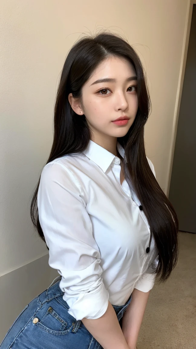 (8k, RAW photo, top quality, masterpiece: 1.2), (realistic, photorealistic: 1.37), three-dimensional, ultra detail, ultra high resolution, beautiful detailed face, one girl, beholder, constriction, slim waist, beautiful detailed skin, skin texture, floating hair, professional lighting, (Japanese beautiful and cute girl:1.2), long hair, bob cut, beautiful hair, 27 years old, Sensual and erotic woman with a curvaceous body, Hair is black、The eye is dark brown、Long Hair、Straight hair、 (White long formal shirt)、(Unbutton all the buttons on your shirt.)、Taken off、jeans, Handcuffed over the head, Handcuffs、please stretch your arms、gag、In the basement, ((jeans))