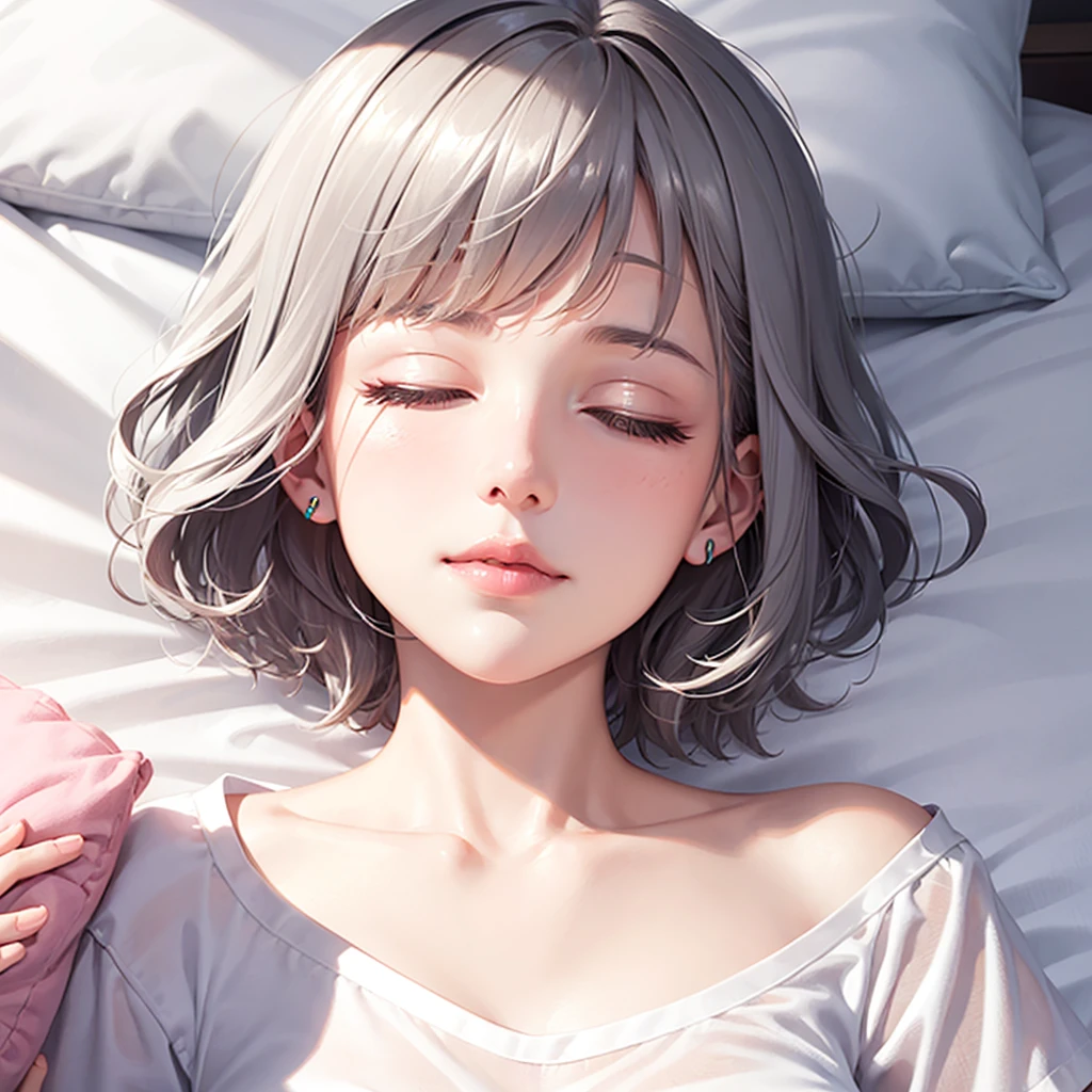 Beauty, High nose, Long eyelashes, Pink Lips, Closed Mouth, pastel colour, Dull Blue, Light, White Skin, Inner color hair, short hair, cute, 30 years old, PRADA, glossy, charm, Real, summer, null, smile, Weather showers, Big white t-shirt, Closed eyes, sleep, Pillow on face,Prone, sleep, On the bed,Gray Hair,