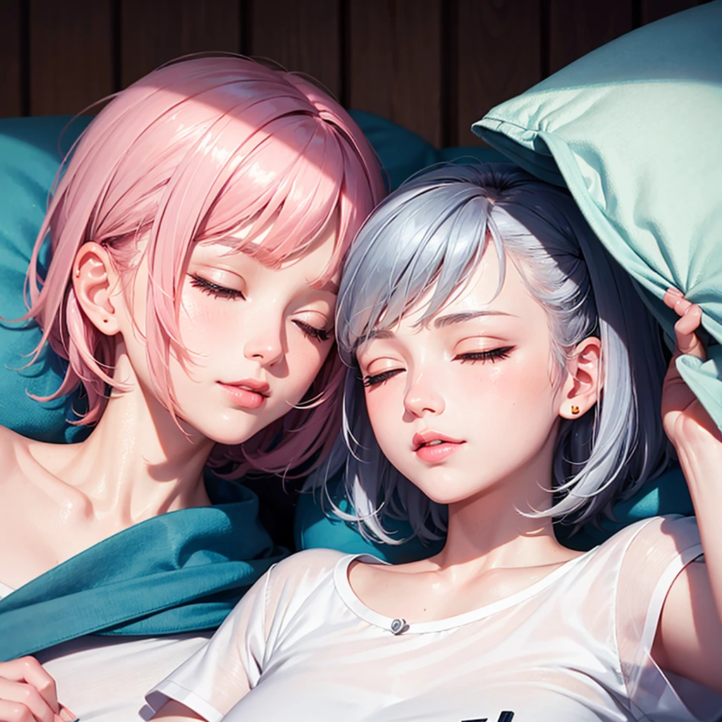 Beauty, High nose, Long eyelashes, Pink Lips, Closed Mouth, pastel colour, Dull Blue, Light, White Skin, Inner color hair, short hair, cute, 30 years old, PRADA, glossy, charm, Real, summer, null, smile, Weather showers, Big white t-shirt, Closed eyes, sleep, Pillow on face,Prone, sleep, On the bed,Gray Hair,