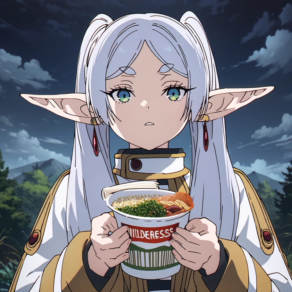 masterpiece, best quality, 4k、2D illustration, one beautiful girl, solo, frieren, pointy ears, elf, earrings, twintails, parted bangs, grey hair, thick eyebrows、((Serious Situations))、((serious face))、speaking something, ((long beautiful hair)), , standing, beautifully detailed eyes、((looking at viewer)), ((1 cardboard box of Cup Noodles in her hand)), ((sousou_no_frieren))、((close up shot))、((wilderness background))、((night))、((cloudy sky))、 