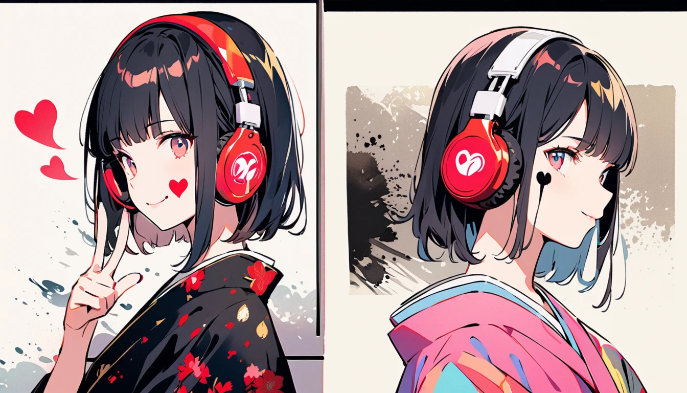 Fashion portrait color photos, (((Ink Painting))), (((1 girl))), (((Heart tattoo on face))), (((Gorgeous kimono))), Japanese style headphones, Peace sign next to my face, Japanese beautiful girl, smile