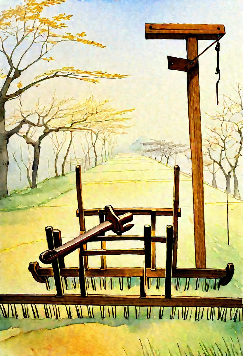 Farming tools,Agricultural era, wood ,Agricultural tools, Wooden frame,plows, timberwork,Nail rake,Simple background,Blank background,Display of two farm tools。author:Randolph Caldecott, (Watercolor, masterpiece, Line Art, Illustration Art, Professional line art, Super complex and detailed, Chinese painting,8k:1.3),Exquisite wood,Wood Grain,Light and shadow effects