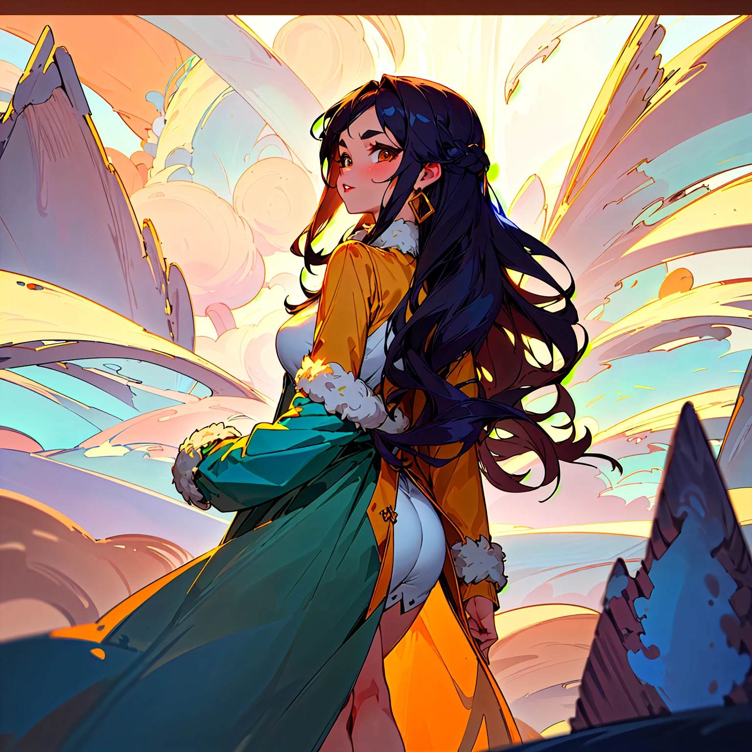1girl, (Masterpiece, high quality, highly detailed), ((Pigeon breasts, A combination of East-West and conical, with breasts pointing slightly outward and appearing more triangular)), wearing (((Faux fur-trimmed parka dress))), (She has large, almond-shaped, dark brown eyes that draw you in with their depth and warmth. Her small and slightly upturned nose adds a touch of delicate charm to her face. Her full, deep red lips are striking and captivating. Long, straight black hair cascades down her back, complementing her warm medium skin tone with a golden undertone. Thick and arched eyebrows frame her expressive eyes, highlighting her high and defined cheekbones. Her rounded chin and small ears, which sit close to her head, complete her elegant look. Her vibrant and expressive expression reflects a lively and engaging personality.), ((winter theme, background: outside, street), (view of back, view form back, showing back, standing with back straight, looking at the other side of street.))