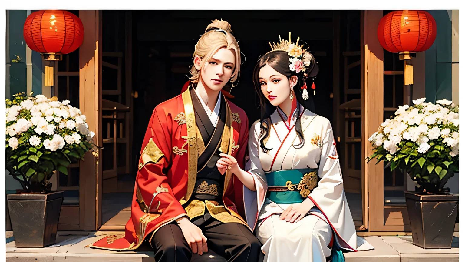 Solid color background,Wearing Kimono、Holding flowers、Couple wearing flower hats, Hanfu, palace , Girl wearing Hanfu, Beautiful fantasy queen, Ancient Chinese Art Style, Chinese Princess, ((Beautiful fantasy queen)), Geisha makeup, Beautiful Tang Dynasty rendering, Chinese idol, Guwitz's masterpiece, Geisha Hairstyle, White Hanfu