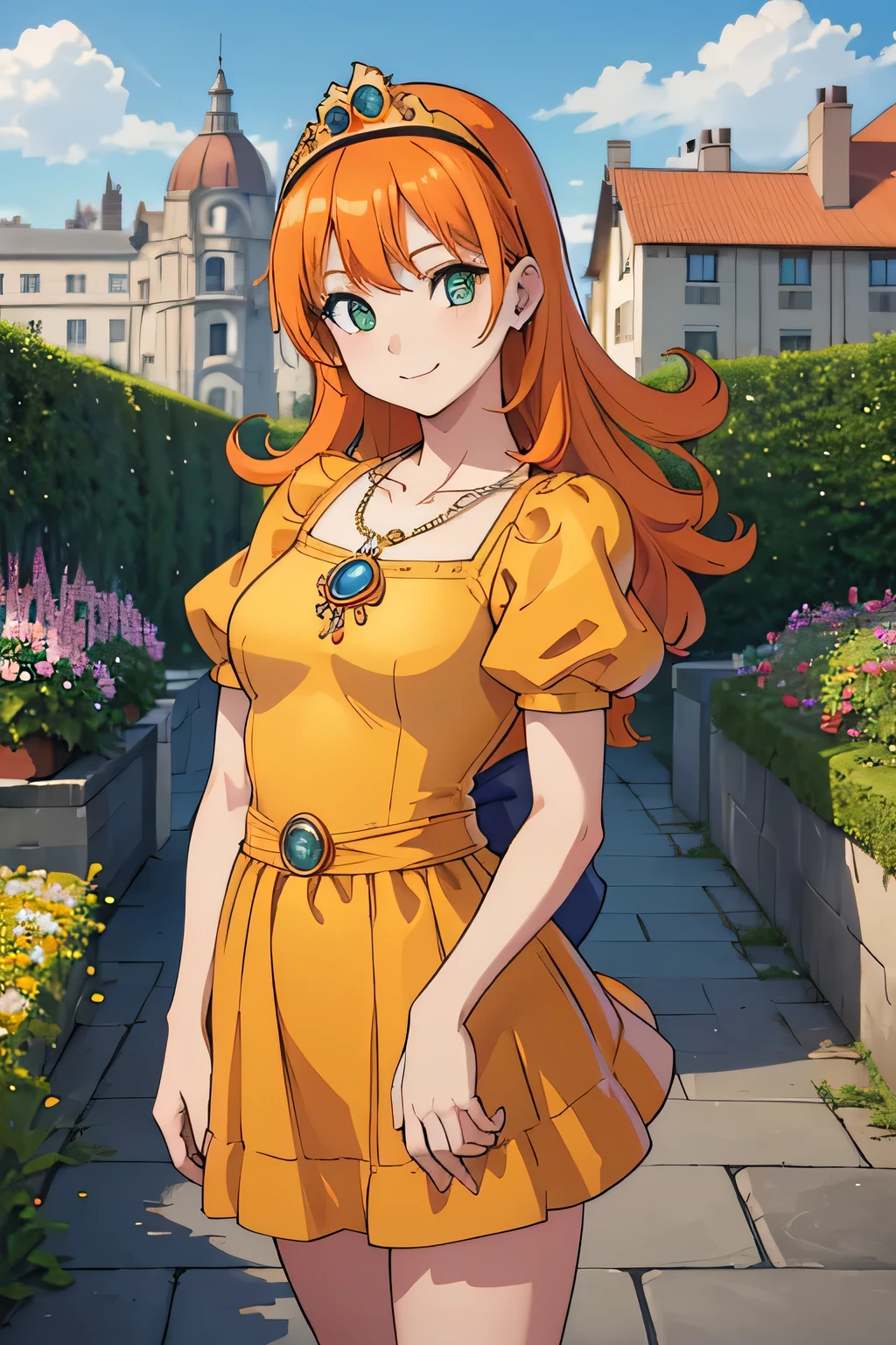 masterpiece, Highest quality, Dukraura, Orange Hair, tiara, necklace, Yellow leotard, Elbow hand pockets, Cowboy Shot, View your viewers, city, garden, null, spring, smile 