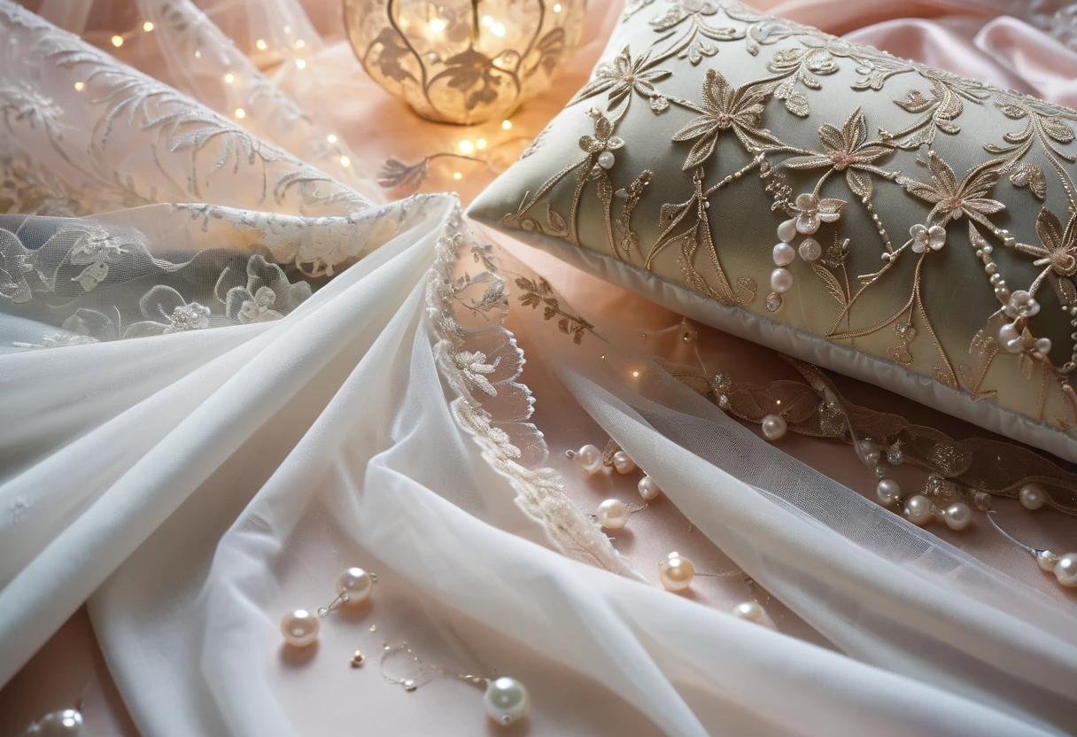 ((background only)),Overhead shot,(((masterpiece))), (((Highest quality))), ((Super detailed)), ((非常にdelicateで美しい)), (最高masterpiece:1.4),delicate,８ｋ,((Arrange the square shaped fabric all over:1.5)),((Frills:1.5))((Beautiful layered tulle wallpaper:1.5))((Generate cloth only:1.4)),(Zooming in on the tulle fabric that fills the entire screen:1.4)Collage fabric,ghostwhite,A lot of cotton,Fairy tale,ribbon,Pearl ornament,Glitter ornaments,doily,(Shabby chic),Cute atmosphere,Soft atmosphere