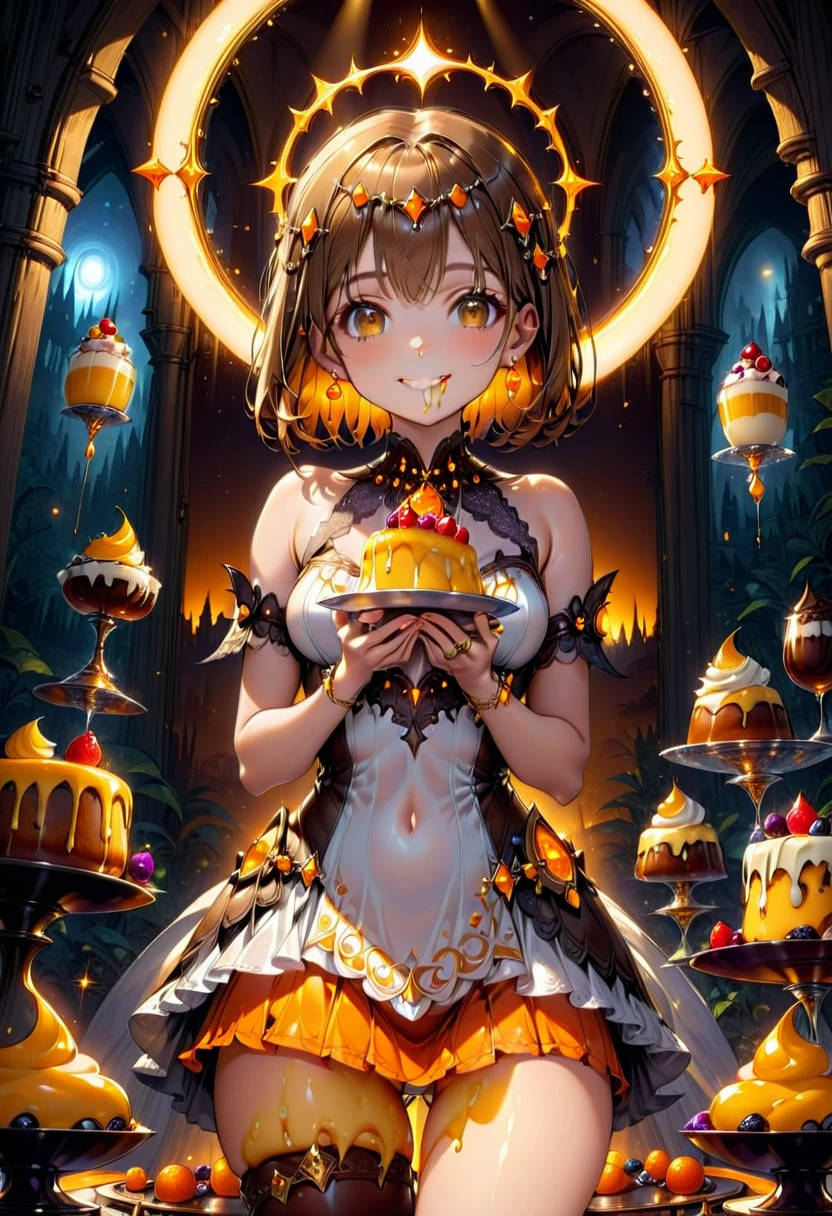High resolution, high quality, High-resolution model, High detail, Very detailed, (Slim figure:1.5), (Fantasy atmosphere:1.3), (Shot from the thigh up:1.3), (Eating pudding:1.3),goddess, Girl, Very Short Hair, Straight Hair, Happy face, Brown eyes, Gradient eyes, Front shot, Her hair is orange on top and brown on the bottom., Mysterious Circlet of Light, Neon-like earrings, White dress, mini skirt, Shiny yellow and orange gothic ornaments on the costume, A mysterious ring of light in the background extends off-screen, Mysterious light in the background, The background is yellow, orange and brown, Artistic background with various sweets as a theme
