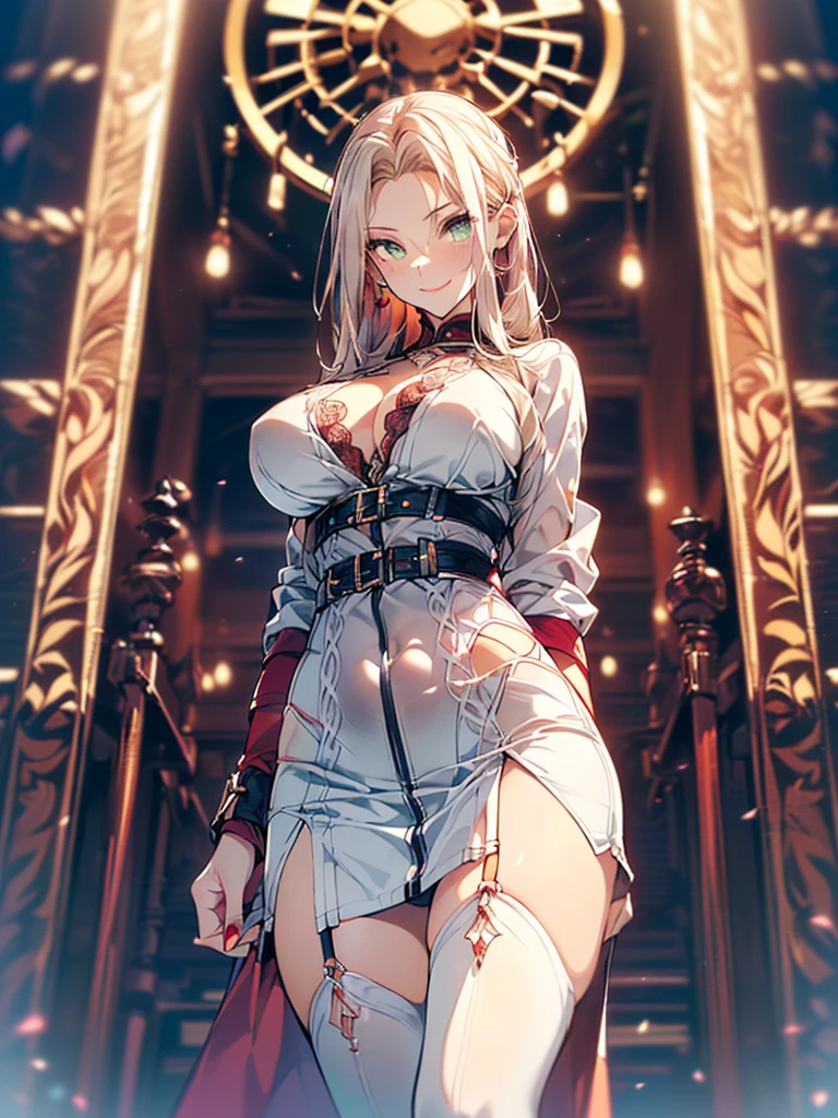 ((A young woman wears a white dress:1.3, cable cardigan:1.3, close-up of chest:1.37, sexually seductive:1.3)), Mature woman with long hair and white dress, white military uniform, red ribbon, Knee-length boots, green eyes, White hair, green inside, full body, great details, beautiful anime illustrations, 26 years old, Take a break, ((milf:1.5, alone:1.5)), (NRF:1.25), (Sagging breasts, refuge chest, big , Thin waist, big ass:1.2), Increase sexiness, (Ultra high resolution, ภาพถ่าย RAW 8k, Realistic picture, Thin outline:1.3, Focus clearly, best quality, natural light, Textile shading, clear background, depth of field, (Bright pupils:1.2, Beautiful, detailed eyes with highlights.:1.3, Highly detailed eyes, Highly detailed face), red lips, Good realistic skin:1.1, look at the audience:1.3, (Dynamic angle:1.3, Focus Target:1.3, from below:1.4), (Many poses:0.0, sexye:1.3, นั่ง with opening legs shaped M:1.5), (charming, Smile sexy too4), The picture in the middle:0.2, (Wearing a long blue coat, translucent lace stockings), (((correct anatomy:1.5))), ((perfect hand:1.5, Ideal body proportions:1.37))