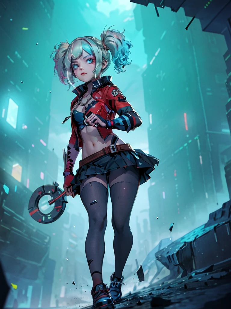 Batleen embodies the legacy of Batman and the redemption of Harley Quinn. In this anime-style design, she wears a combat suit that is predominantly black with dark blue accents and touches of red on the boots and gloves, combining elegance and functionality. Her short cape is aerodynamic, allowing for freedom of movement, and the Batman symbol on her chest is stylised with light blue details. The mask covers the upper half of her face, featuring a softer, more feminine design adorned with subtle details that reflect her unique identity. Batleen's hair is blonde with tips dyed blue and red, either tied up in a high ponytail or left loose depending on the situation. Her expressive eyes, accentuated with bold eyeliner, reveal her determination and internal conflict. She carries personalised batarangs with a diamond design, a collapsible hammer, and advanced technological gadgets. Her athletic and agile physique showcases her prowess in combat and acrobatics, while her confident stance as Batleen contrasts with her more relaxed and approachable demeanour as Harleen Quinzel.
