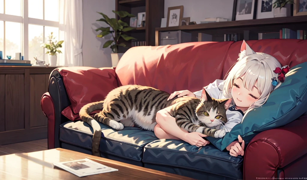 ((Highest quality)), ((masterpiece)), (detailed), A cute cat-eared girl, close your eyes, indoor, sofa,