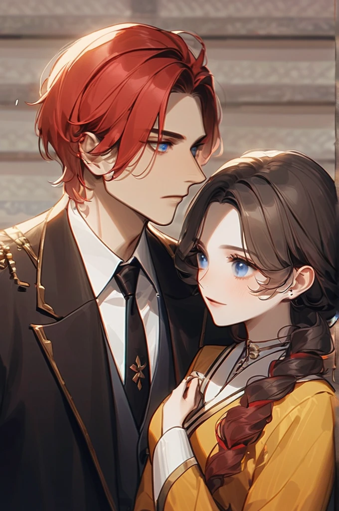 ((Лучшее качество)), ((шедевр)), (подробный), a red-haired girl with blue eyes next to a red-haired man