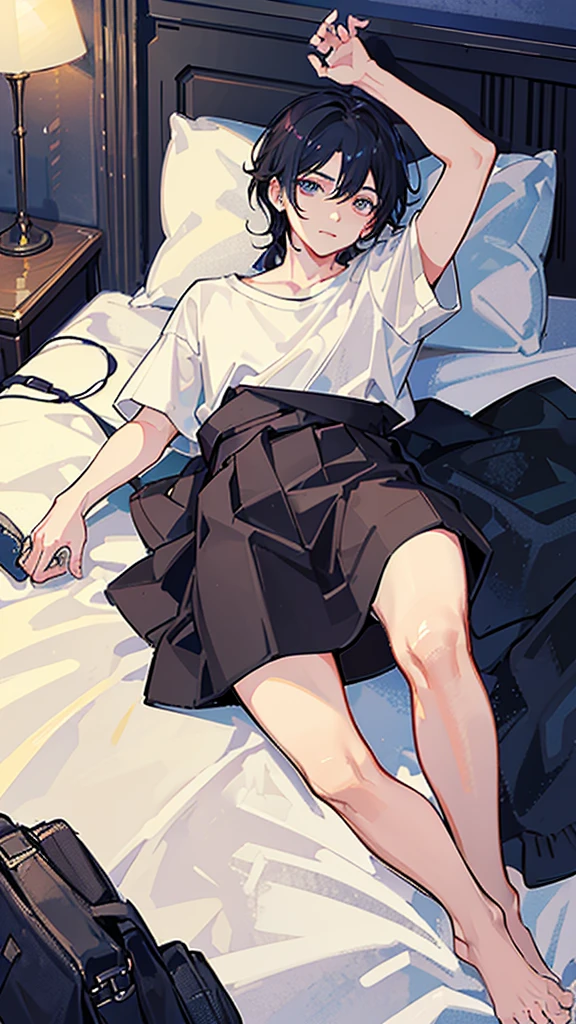 (Highest quality)), ((masterpiece)), (detailed),The background is the bedroom、Lying in bed、boyfriend、A man around 35 years old、A man with waist-length black hair tied back、Wearing a white T-shirt,Eye color is a calm blue、Location: Bedroom。