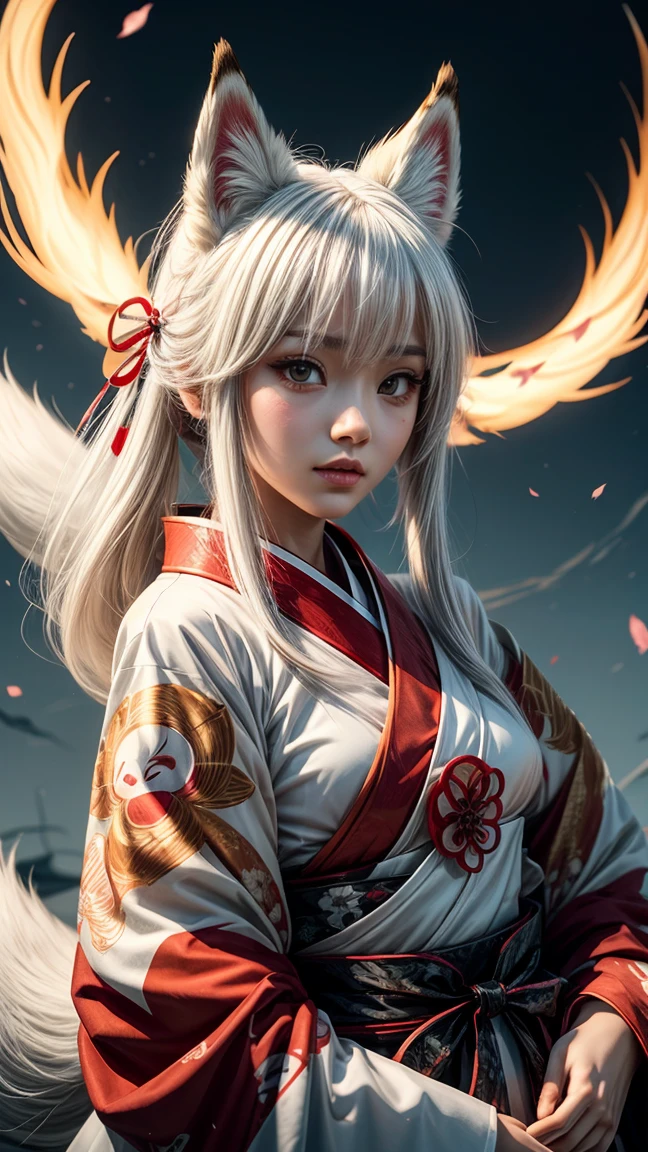 Anime girl with white fox mask and red kimono, with Kitsune Mask, Kitsune Mask on head, Beautiful fox, Kitsune Mask, Beautiful kitsune woman, narrow, White-haired fox, wearing a Kitsune Mask, Beautiful anime catgirl, Amaterasu, Ruponmyoji, white fox anime, From Arknights