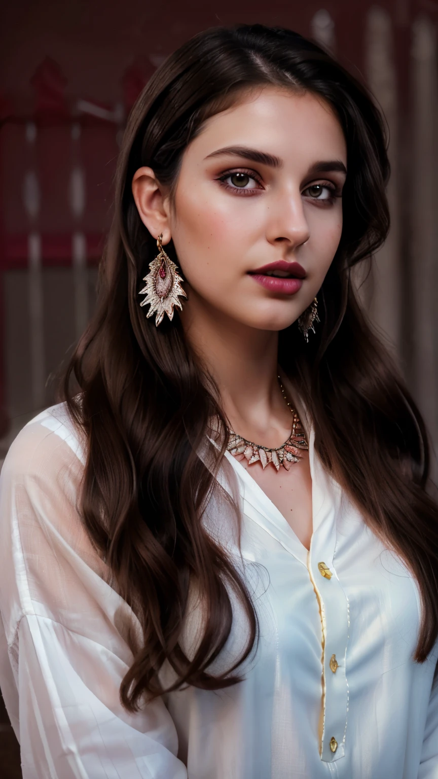 Wavy brown hair, (RAW photo, realism: 1.8), (very dark lip gloss, jet black lipstick, many eyelashes, dark black eye shadow, shy, blushing, high quality, high resolution, depth of field, chromatic aberration, caustic, wide light, natural colors, 30 year old woman), necklaces, chokers, earrings, bracelets, wear many accessories, wearing traditional Pakistani clothes, white color dress, and white hijab, woman very big , soft skin, white skin, slim nose, beautiful eyes, The Casual Hip Stance poses, 8k results, high resolution, realistic,