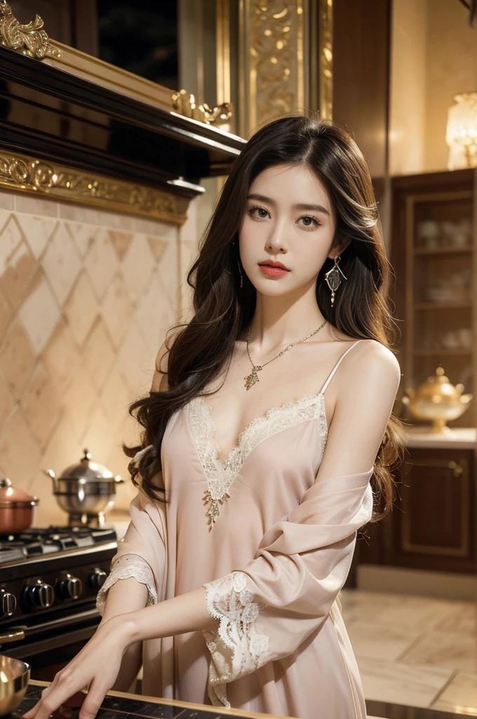 (((best quality))),(((ultra detailed))),(((masterpiece))),illustration,((1 beautiful girl,solo)),(shoulder length straight hair:1.2),((earrings,necklace)),((slim,thin)),((small breasts,flat chest)),(luxurious lace nightgown:1.3),(slender legs:1.2),(standing:1.3),(sumptuous kitchen:1.3),window,bustling,metropolis,striking,delicate emerald eyes,mystery,allure,red lips,fair,complexion,sophistication,attire,exquisite,frame,plunging,intricate pattern,romance,elegance,walls,expensive,tiles,countertops,gleaming,marble,culinary,gadgets,organized,counter,aromatic,steam,simmering,stove,ambiance,(night scene:1.3),skyline,skyscrapers,distance,aglow,vibrant colors,contrast,serene,atmosphere,opulence,sophistication,light,shadow,vivid,interplay,experience,captivating,ambiance,((from front,upper body))