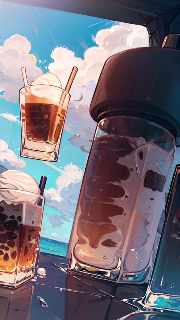 unmanned, Iced Latte, coffee and milk, milk coffee, cool, ice cubes, Jasmine, outdoor, clear blue sky, beautiful clouds, has big butt, has an ass, lahiw. From behid,