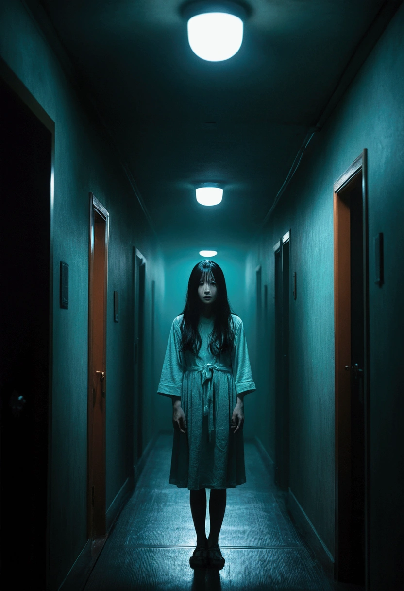 Sadako、Malice、translucent、Distorting space、In the liminal space of a dark hallway nightmare、Dynamic lighting、Photorealistic、Trending on Art Station、Stunning visuals、fog、creative、Cinematic、Super detailed、Atmospheric、Ambient Lighting、Scary Art、low quality、Heavy film grain、Low saturation、Orange Teal Hue