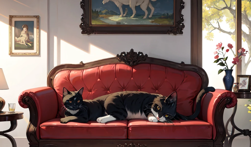 ((Highest quality)), ((masterpiece)), (detailed), A cute cat-eared girl, close your eyes, indoor, sofa,