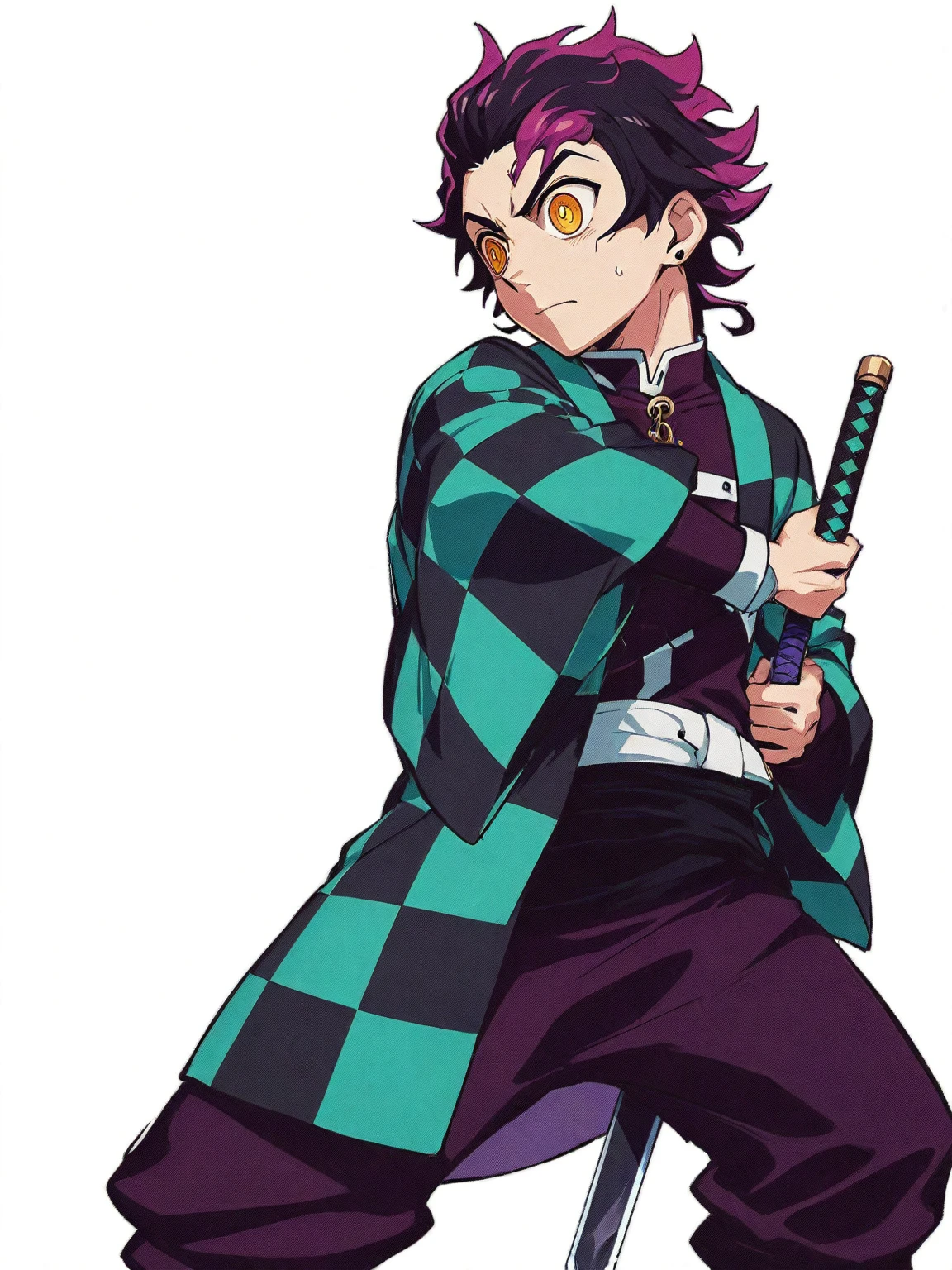 Anime character with sword and green and black checkered shirt, Kimetsu no Yaiba, handsome guy in Demon slayer art, Demon slayer artstyle, Demon slayer rui fanart, Key Anime Art, tanjiro kamado, Official Art, Demon slayer, Hiroyuki Takahashi color scheme, Official character art, High quality fan art, High-quality artwork,((Flames on the background))