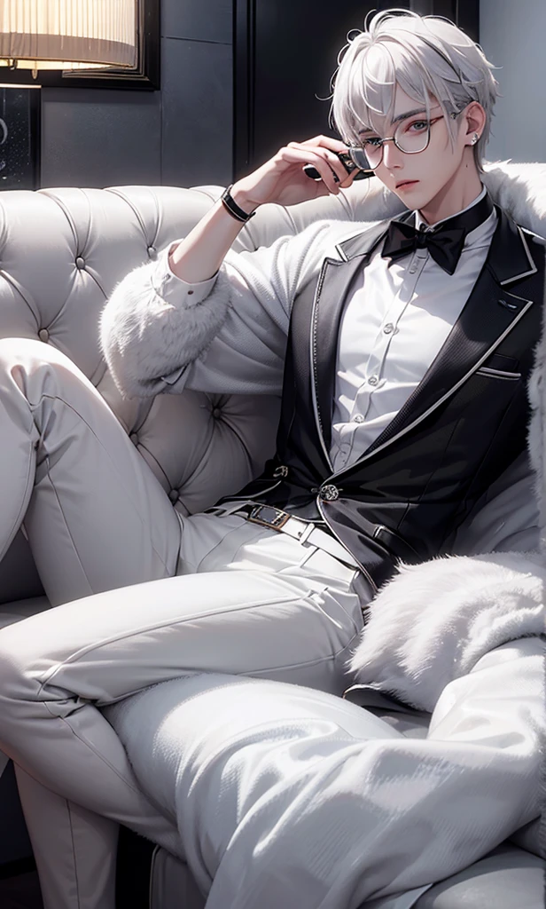 Silver-white hair, wolf cut hair, under-frame glasses, ice-coloured eyes, narrow eyes, teardrop mole, 27 years old, luxury sofa, wine glasses, wine bottles, male mafia