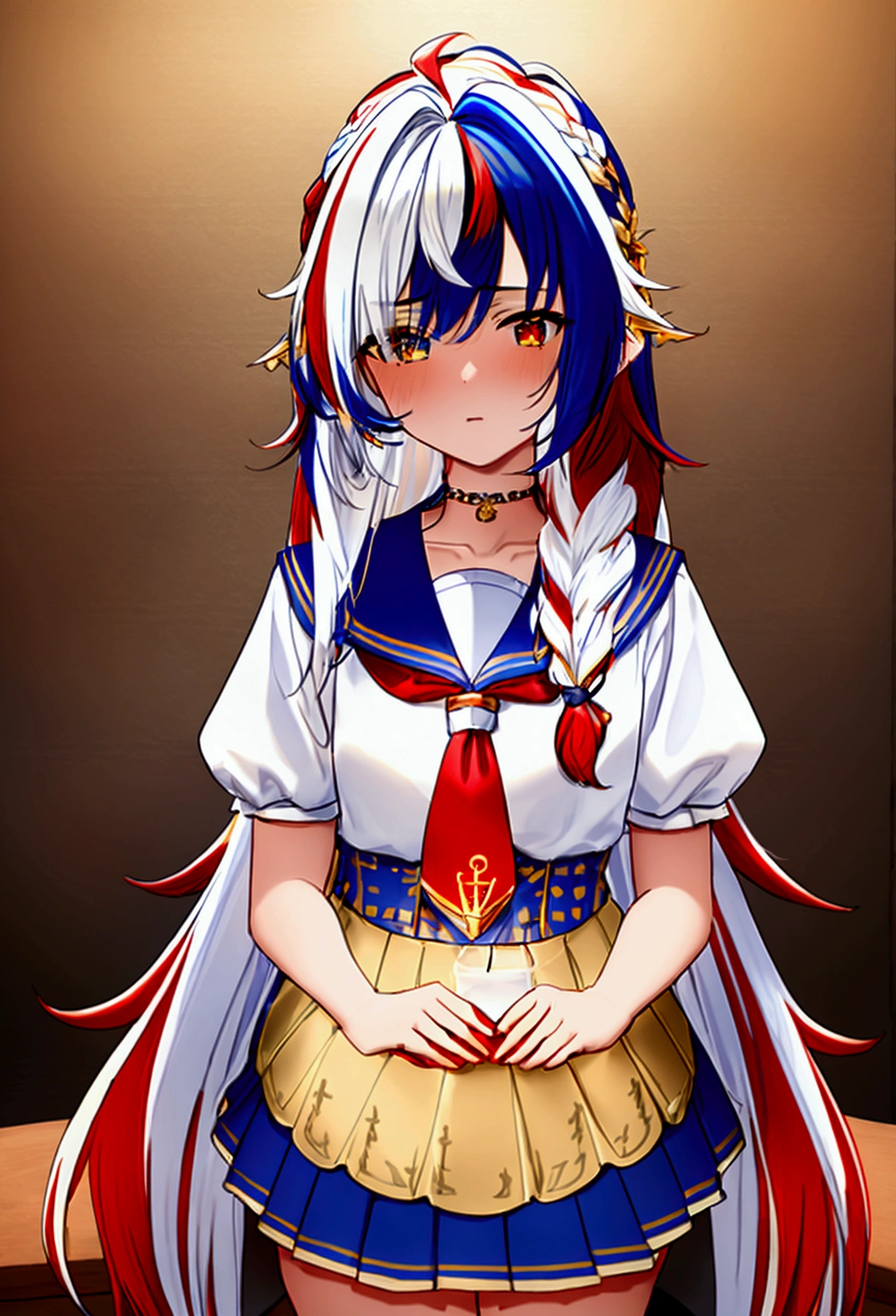 masterpiece++, Best Quality++, ultra-definition++, ultra-definition++, rey tracing, 4K or more++, 8K or more++, Slight details, (Background Focus )++,Young woman with golden laurel wreath, (((Ultramarine hair))), (((White dip dyed hair))), (((red streaked hair))),sailor,Sailor collar,White shirt, skirt by the,anchor,