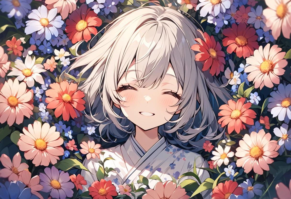 high resolution、Surrounded by flowers,Flower side,One girl,Upper Body,smile,I'm laughing so hard my eyes are closing,A big smile,Black Hair,long,Shiny Hair