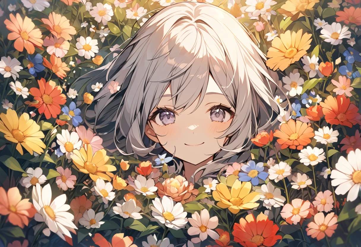 high resolution、Surrounded by flowers,Flower side,One girl,Upper Body,smile,I&#39;m laughing so hard my eyes are closing,A big smile,Black Hair,long,Shiny Hair