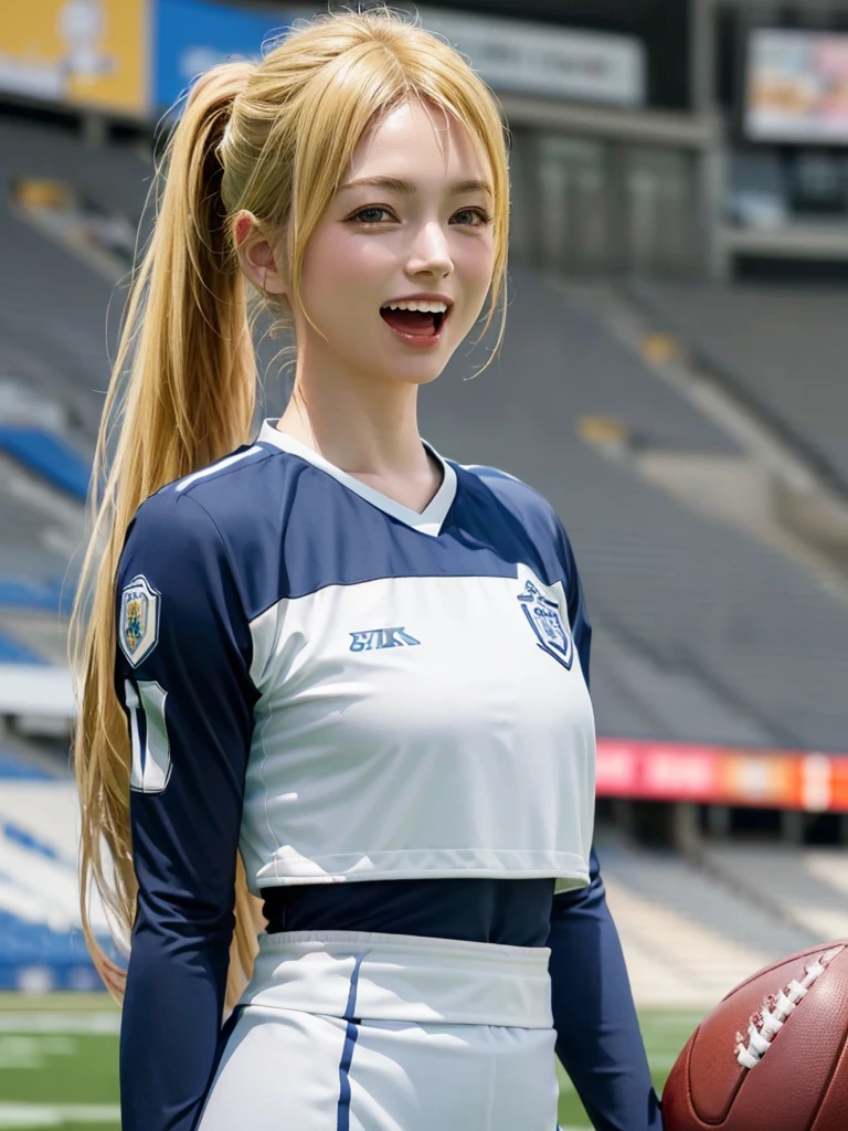 (Highest quality、8k、32K、masterpiece)、(Realistic)、(Realistic:1.2)、(High resolution)、Very detailed、Very beautiful face and eyes、1 girl、Round and small face、Tight waist、Delicate body、(close、Highest quality、Attention to detail、Rich skin detail)、(Highest quality、8k、Oil paints:1.2)、(Realistic、Realistic:1.37)、Bright colors、(((blonde)))、(((Cowboy Shot)))、(((Long Hair)))、(((ponytail)))、(((Football Stadium)))、(((Enthusiastic audience)))、(((Open your mouth)))、(((Laughter)))、(((blonde)))、(((Soccer uniforms)))、(((青と白のSoccer uniforms)))、(((There are no lines on the sleeves)))